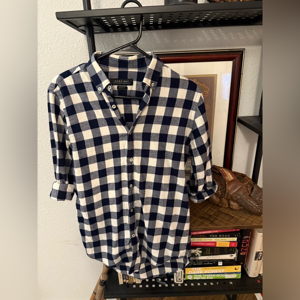 Zara Blue and White Plaid Shirt